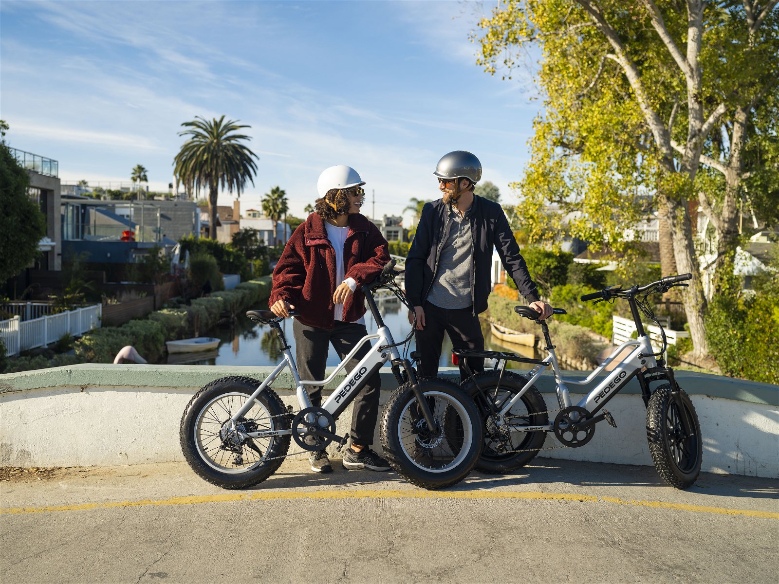 A couple holding their Pedego Element on a bridge, wearing helmets.