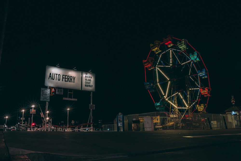 Balboa ferry entrance at night.