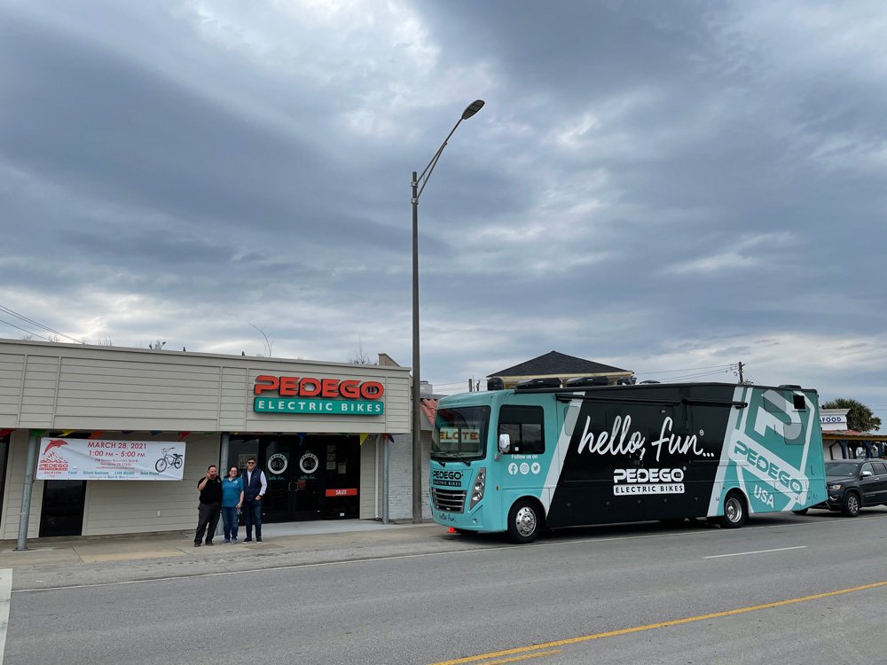 The Hello Fun Mobile outside of Pedego Galveston.