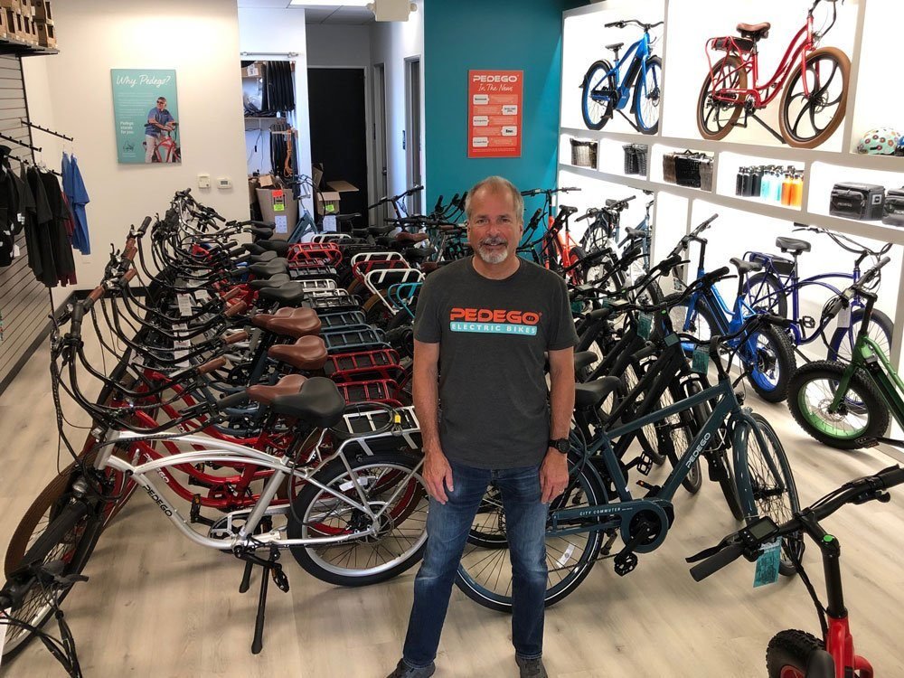 Owner Jeff Scanlan in his Pedego store in Menlo Park.